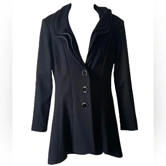 FRANK LYMAN | Black Peplum High-Low Ruffled Leather Trim Neckline Jacket Size 2 - Picture 4 of 7